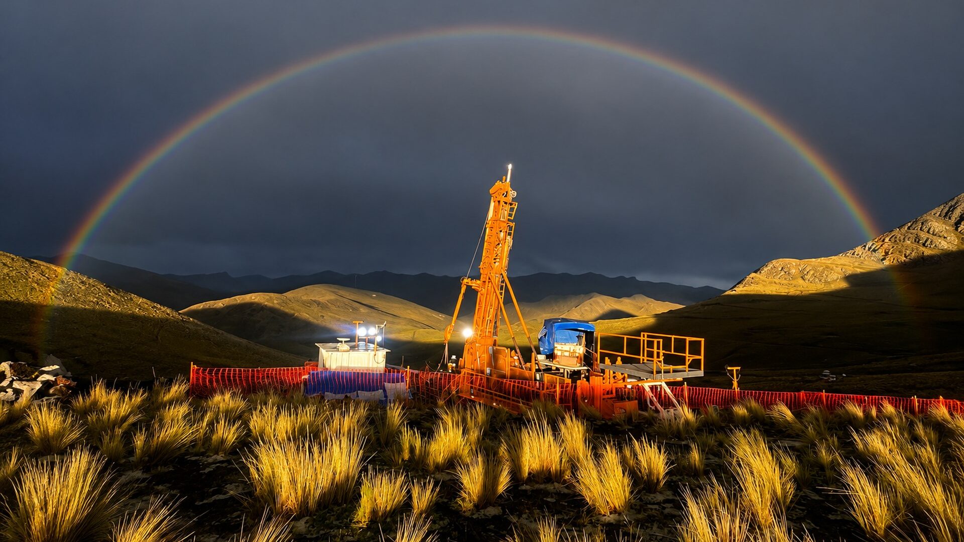 Recon Drilling diamond drill rig lit at dusk under a full rainbow in the Andean highlands
